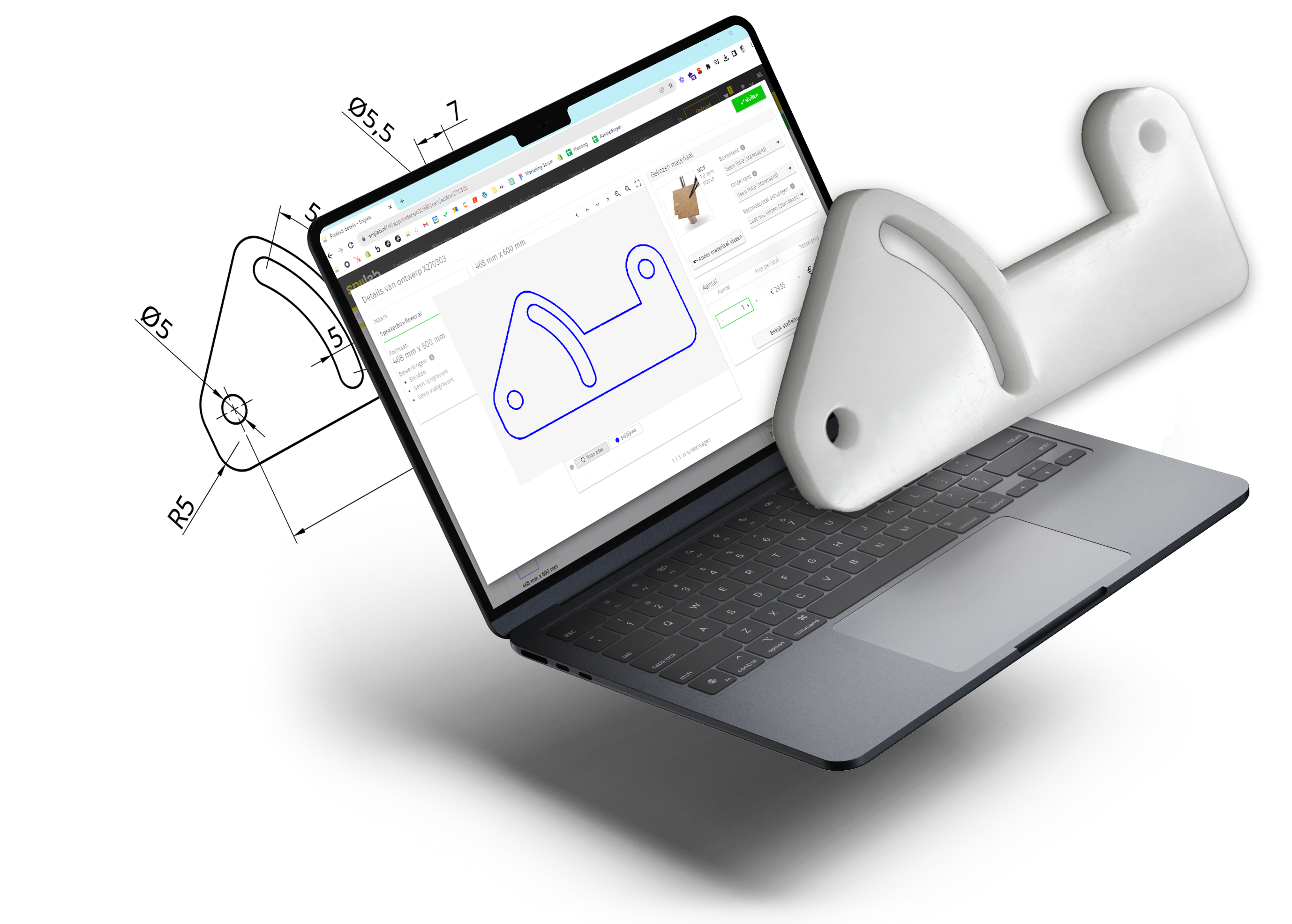 Illustration showing a technical drawing of a mechanical part, a laptop showing the laser cutting drawing and the resulting laser cut plastic part