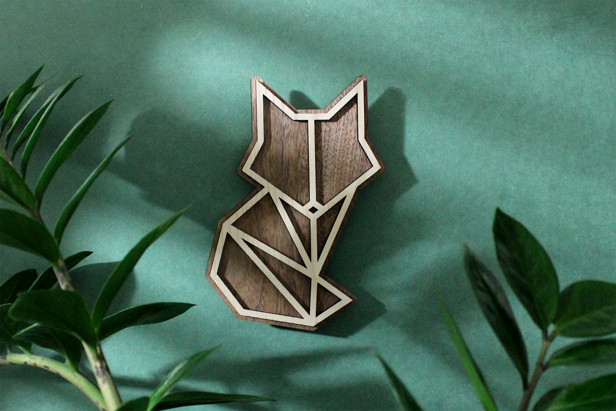 Laser cut geometric fox from walnut and ash wood laser cut