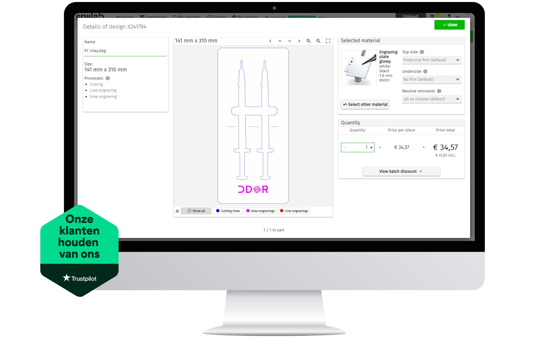 Bestelomgeving van Snijlab - online lasersnijwerk bestellen