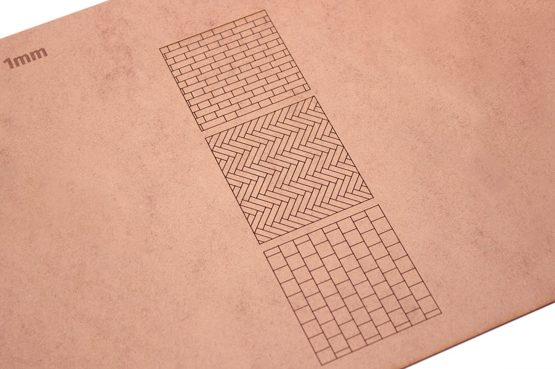 Lijngravure in 1 mm MDF met metselwerk-, visgraat- en tegelpatroon voor maquettes