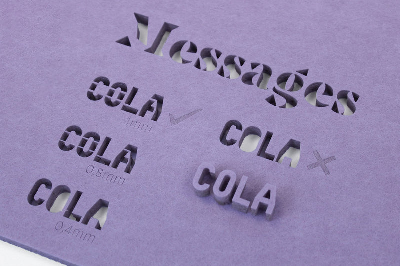 Uitgesneden stencilletters in PET-vilt met bruggen van 1, 0,8 en 0,4 mm